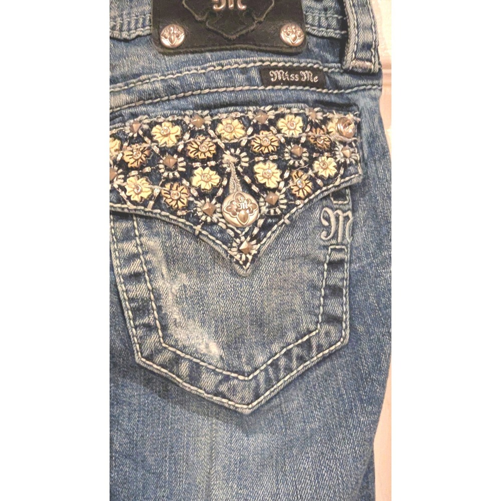 Miss Me Bootcut Jeans Sz 25 Blue Distressed Rhinestone Floral Pocket Y2K McBling